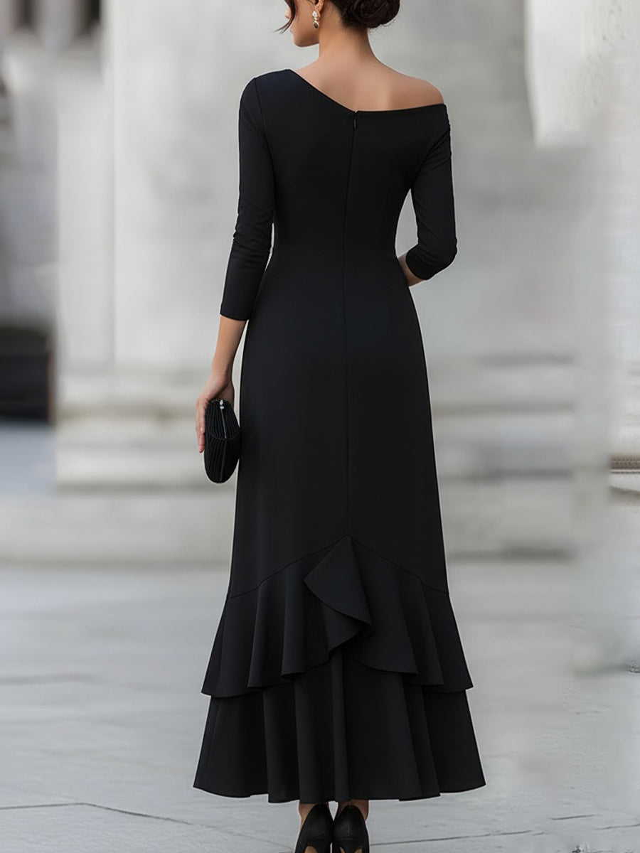 One-Shoulder Ruched Asymmetric Ruffle Hem Midi Dress
