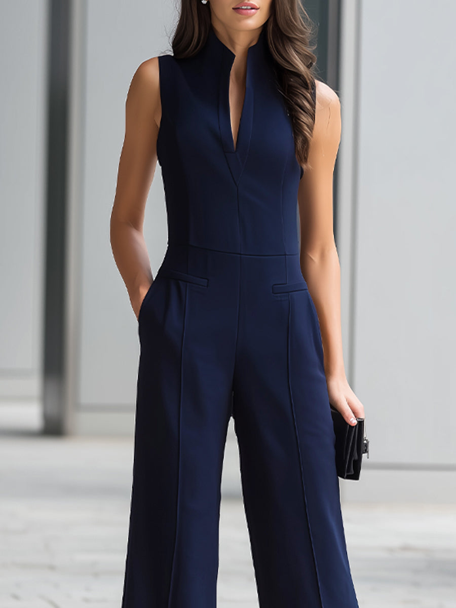Navy Sleeveless Plunge-Neck Wide-Leg Jumpsuit