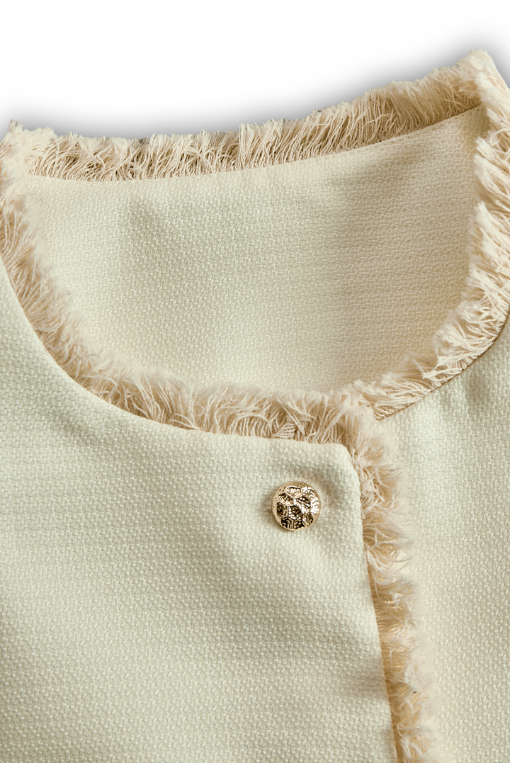 Elegant Cream Textured Blazer With Decorative Trim