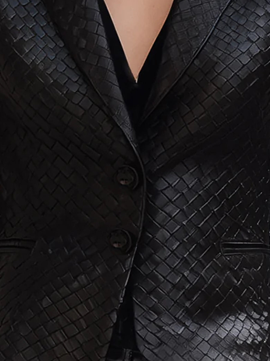 Black Woven Faux Leather Blazer