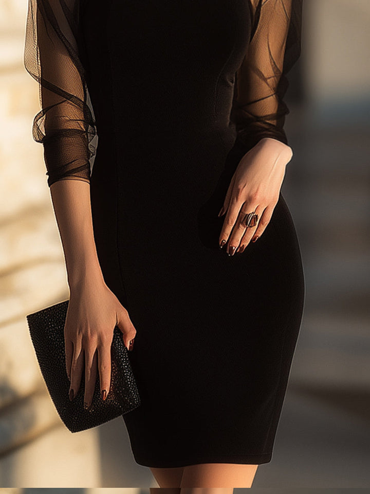 Sheer-Sleeve High-Neck Cocktail Dress