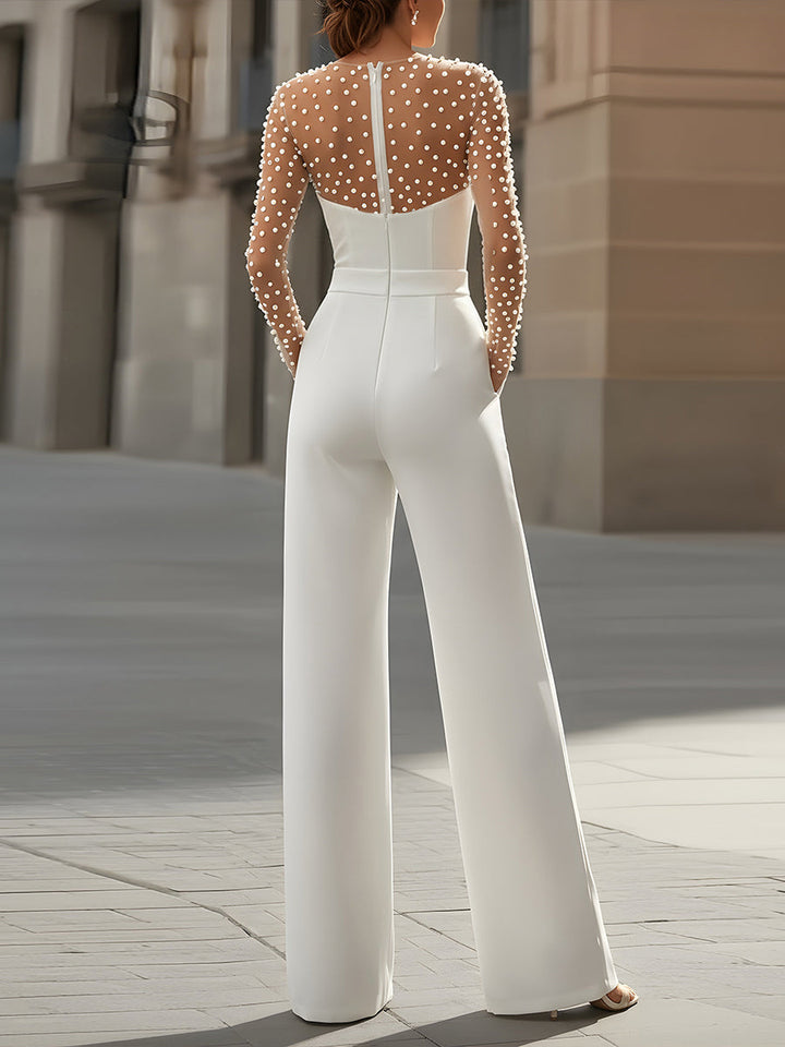 Pearl-Embellished Sheer Bodice White Jumpsuit