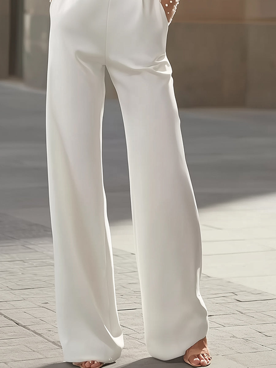 Pearl-Embellished Sheer Bodice White Jumpsuit