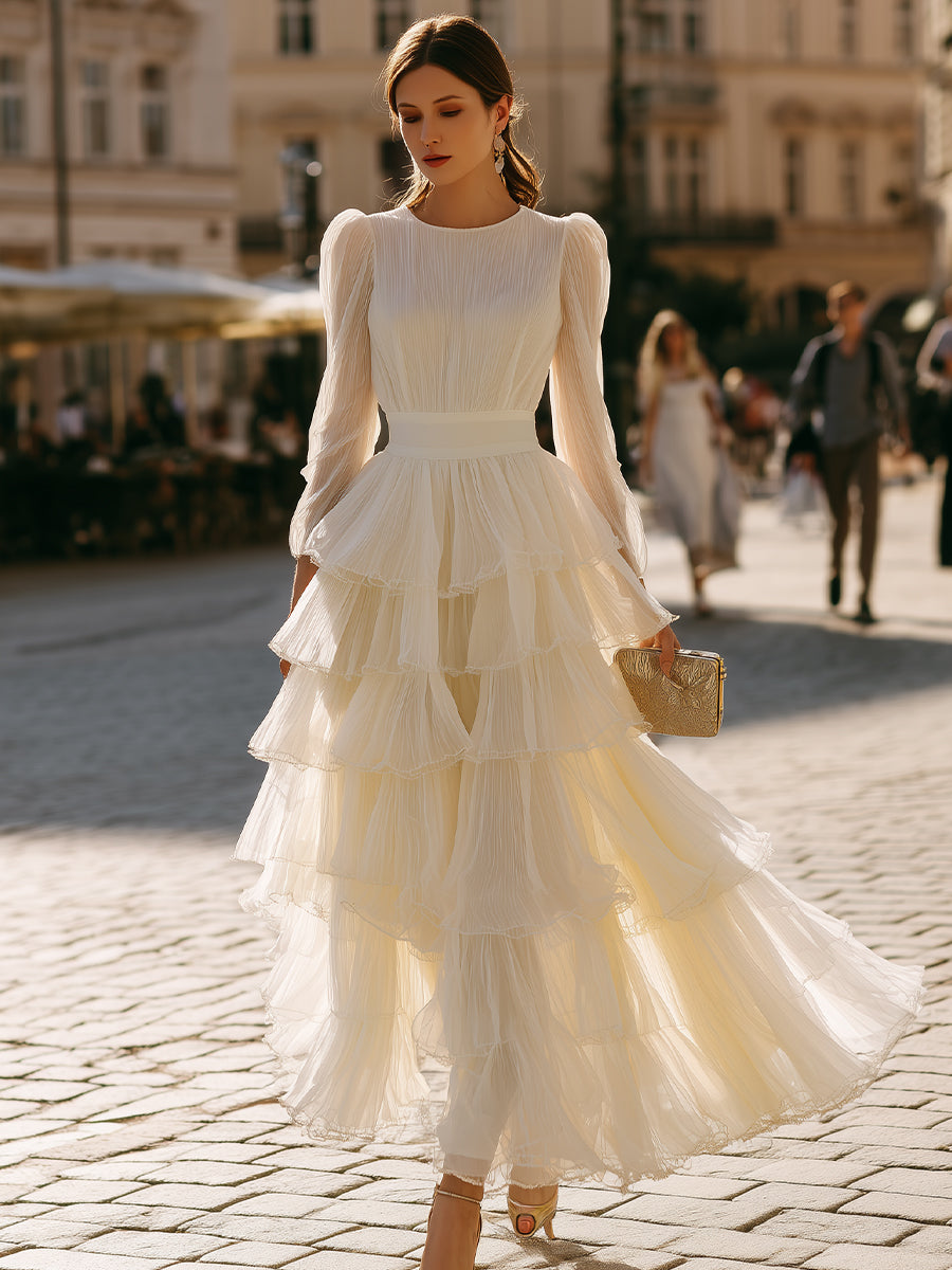 Tiered Ruffle Long Sleeve Pleated Maxi Dress