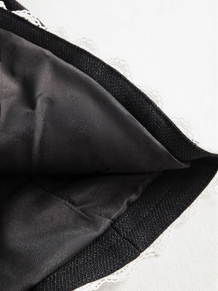 Elegant Pearl Button Blazer With Contrast Lace Trim