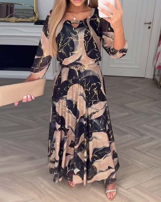 Aurora – Printed Chiffon Maxi Dress with Three-Quarter Sleeves