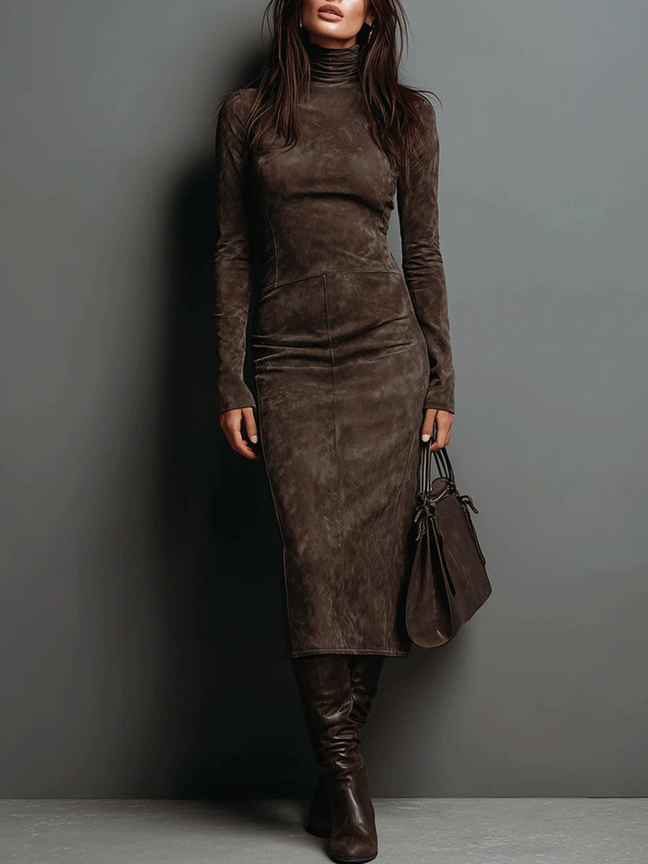 Sienna – Midi Suede Dress with High Neck & Long Sleeves