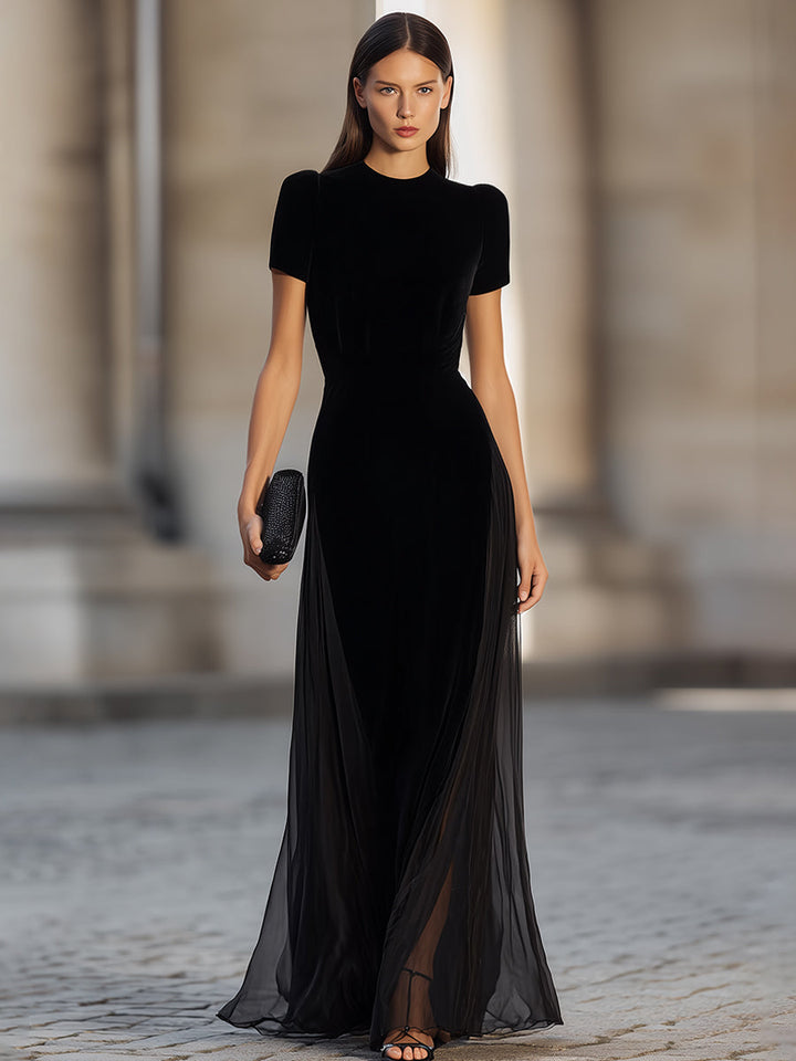 Short Sleeve Floor-Length Dress With Sheer Flowing Skirt