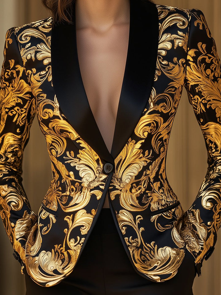 Opulent Black and Gold Blazer with Baroque Floral Printed