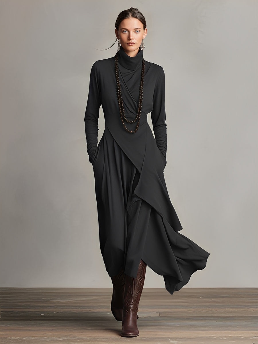 Natalia – Asymmetric Maxi Knit Dress with Turtleneck